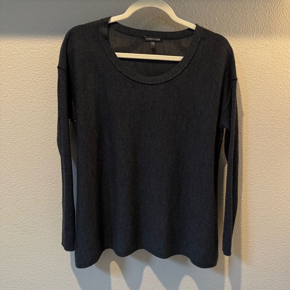 Women's Eileen Fisher 100% Merino Wool Gray Sweater Gold Sequin Stripes Size Sm